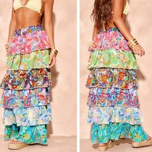 PLT Bohemian Multi Patchwork Printed Tiered Maxi Skirt